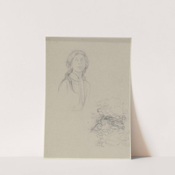Studienblatt; Aufblickendes Bauernmädchen sowie ein Menschenauflauf by Jakob Becker