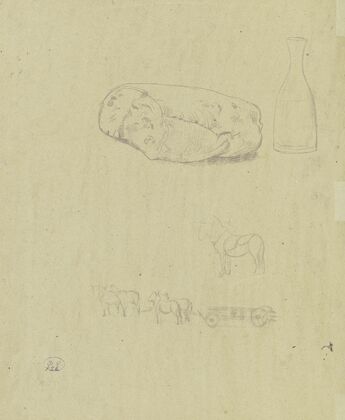 Studienblatt; Brot, Flasche und eine bespannte Pferdekutsche