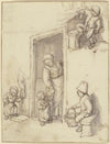 Studienblatt; Eine Mutter und ihre Tochter in der Haustür, ein Mädchen an der Hand der Mutter, und zwei sitzende Jungen