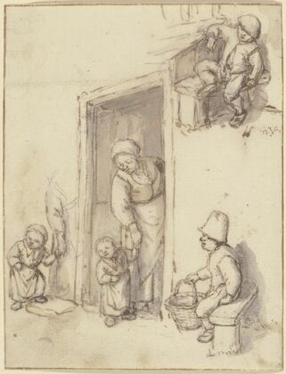 Studienblatt; Eine Mutter und ihre Tochter in der Haustür, ein Mädchen an der Hand der Mutter, und zwei sitzende Jungen