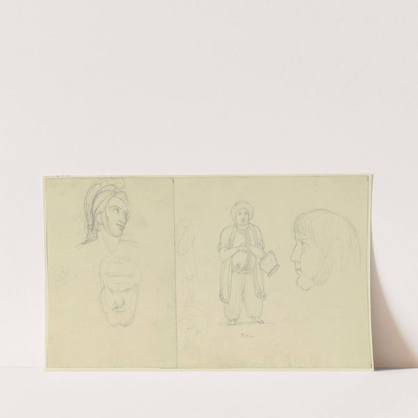 Studienblatt; Köpfe nach Skulpturen, ein Bildniskopf sowie ein untersetzter Orientale by Eugen Eduard Schäffer