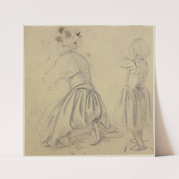 Studienblatt; Rückansicht einer auf dem Boden knienden Frau im verlorenen Profil und eines kleinen Mädchens mit erhobenen Armen by Jakob Becker