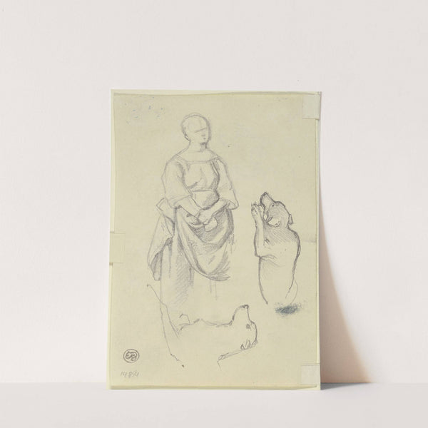 Studienblatt; Stehende Frau, zwei liegende Hunde by Jakob Becker