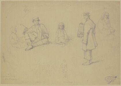 Studienblatt; verschiedene im Gras stehende und sitzende Figuren