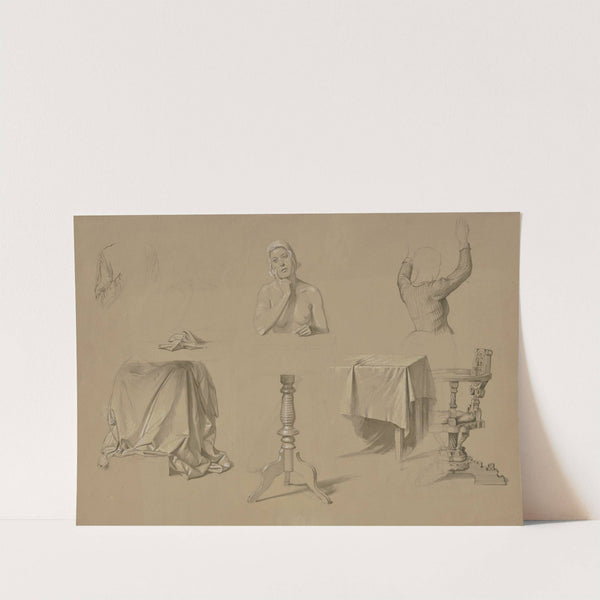 Studienblatt; Weiblicher Halbakt, Frau mit erhobenen Armen, Faltenstudien, Tisch und Lehnstuhl by Josef Ferdinand Becker