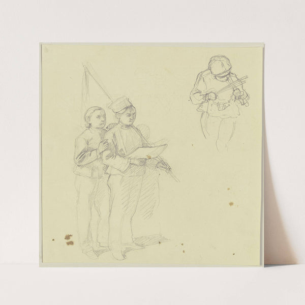 Studienblatt; Zwei Jungen mit Fahne und ein Geige spielender Junge by Jakob Becker