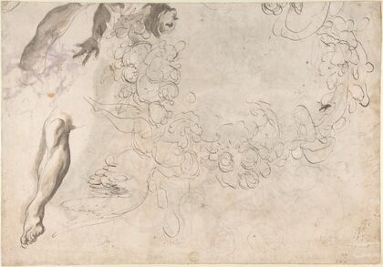 Studies of a Figure with Left Arm Upraised, a Leg, and Putti with Foliage