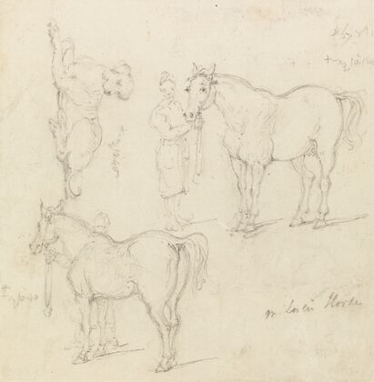 Studies of Horses with Chinese Grooms, and a Dog