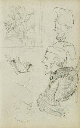 Studies of lion, compositional group figure study, two caricature head studies