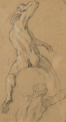 Study of a nude horseman seen from behind, his right arm raised, with a study of another man