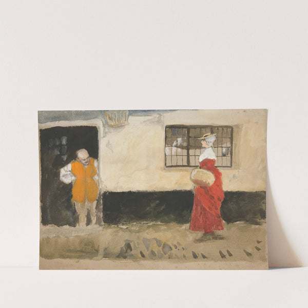 Study of street scene, man at door, woman in red dress. by Edwin Austin Abbey