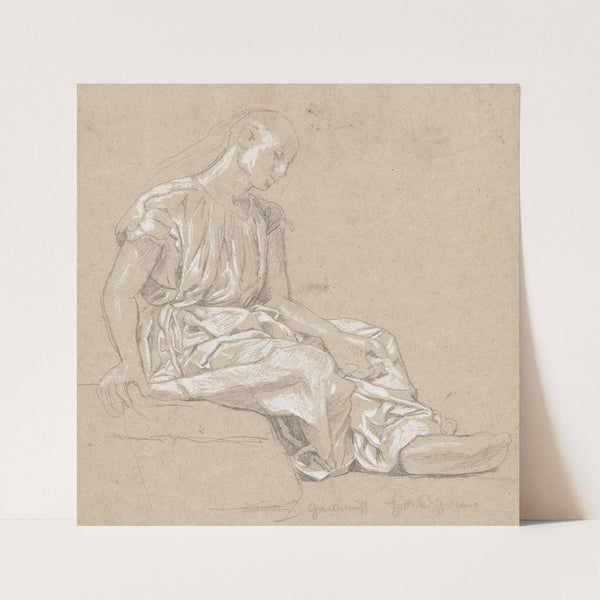 Study of the figure of a woman sitting on a stone, dressed in a long, creased dress. Study of a costume (1860 - 1924) by Hans Thoma