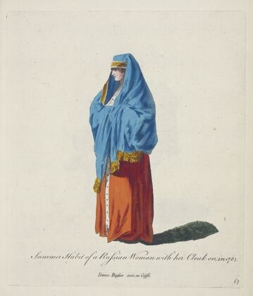 Summer habit of a Russian woman with her cloak on in 1765. Femme Russe avec sa coësse. (1757-1772)