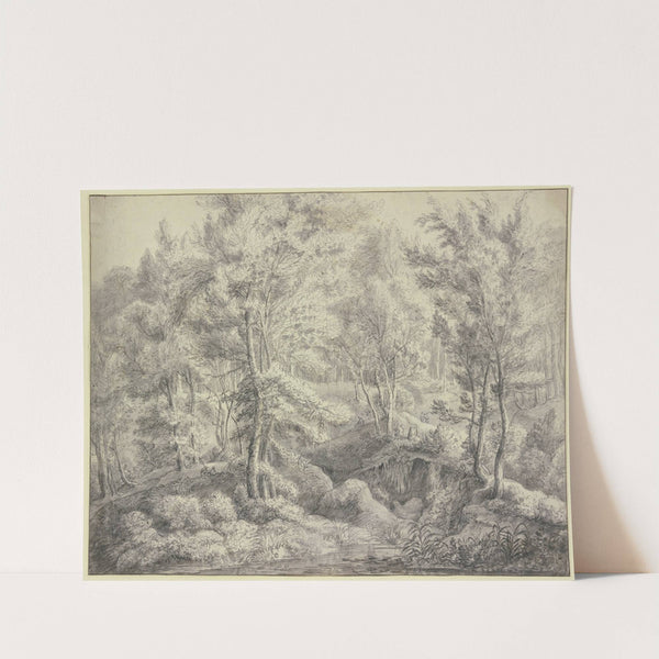 Sumpfige Waldpartie, im Vordergrund Wasser, an dessen Uferböschung fünf Figuren sich aufhalten by Antonie Waterloo