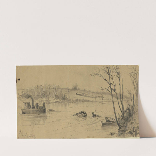 Sunken vessels, in the Rappahannock River, below Fredericksburg, with earthwork commanding the channel (1862) by Edwin Forbes