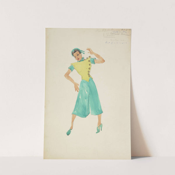 Swing It: Green bodice with bronze buttons, teal culottes, teal cap, &#038; teal heels (1934-1943) by Maxine Borowsky