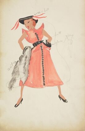 Swing It: Memphis Mame. Pink dress with black buttons and black belt (1934-1943) — size preview