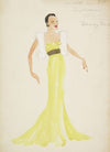 Swing It: Sophisticated Girl. Yellow gown with black belt and white shrug (1934-1943)