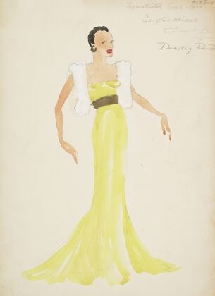 Swing It: Sophisticated Girl. Yellow gown with black belt and white shrug (1934-1943)