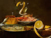 Tabletop still life, including a herring on a pewter dish, a porcelain bowl of shrimp, a wine glass, and a partially-peeled lemon