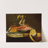 Tabletop still life, including a herring on a pewter dish, a porcelain bowl of shrimp, a wine glass, and a partially-peeled lemon by Joris van Son