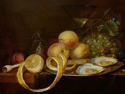 Tabletop still life, including two oysters on a pewter dish, a wine glass, a partially-peeled lemon, and an assortment of fruit