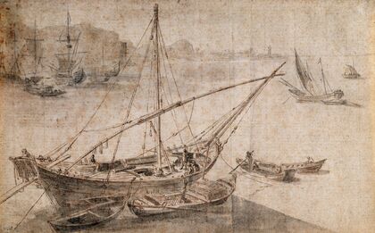 Tartane van de Middellandse Zee in een haven tijdens het verslaan van een lading hout