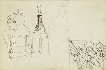 Tassels, seated figure from behind chair, thumbnail study of Charging Chasseur
