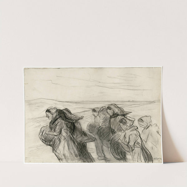 Tegen de wind inlopende vrouwen die gaan nettenboeten by Frans Smissaert