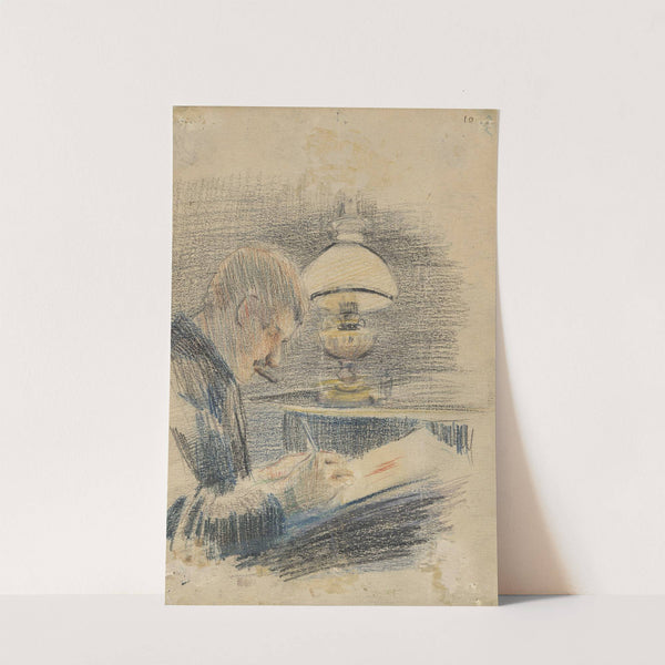 Tegnende mann ved parafinlampe by Karl Dørnberger