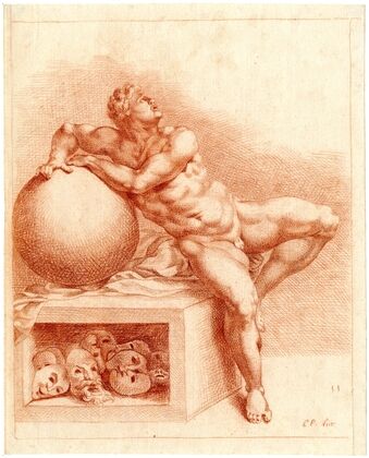 Tekening van zittende man met bol en maskers, de Droom