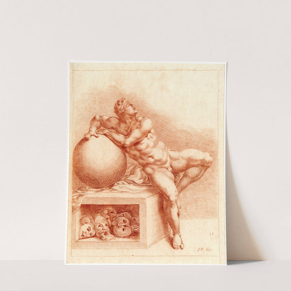 Tekening van zittende man met bol en maskers, de Droom by Cornelis Pronk
