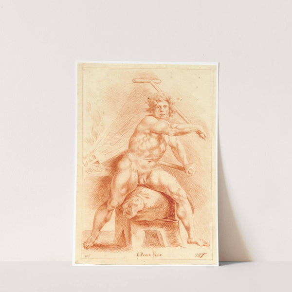 Tekening van zittende naakte man met blaasbalg by Cornelis Pronk