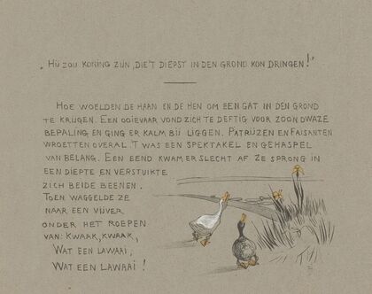 Tekstblad met een en gans aan de waterkant