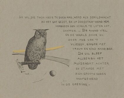 Tekstblad met uil bij een muizenhol.