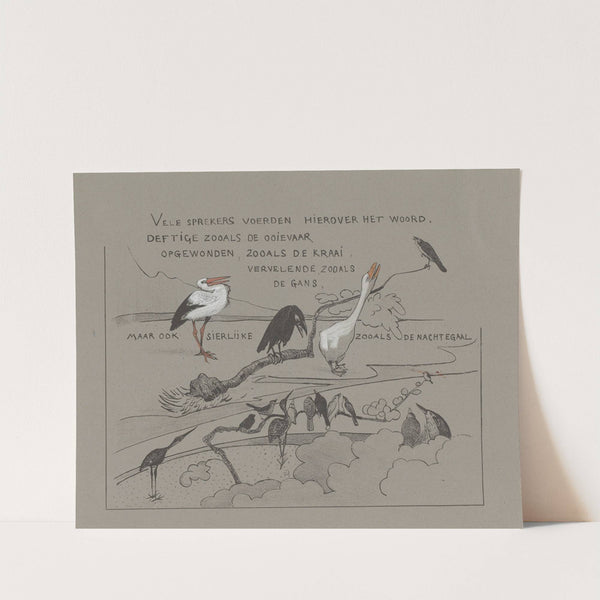 Tekstblad met vogels, onder andere roerdomp, gans, ooievaar en kraai by Theo van Hoytema