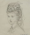 Tête de femme avec petit chapeau à volants et à rubans (1867-1877)