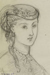 Tête de femme coiffée d’un petit chapeau agrémenté d’une plume (1867)