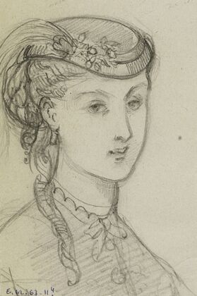 Tête de femme coiffée d’un petit chapeau agrémenté d’une plume (1867)