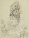 Tête de femme de trois-quarts avec haute coiffe de plumes (1880)