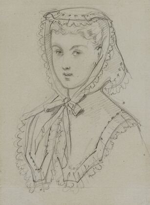 Tête féminine avec coiffe et fichu de dentelle (1866-1867)