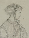 Tête féminine avec coiffe fleurie nouée sous le menton (1867)