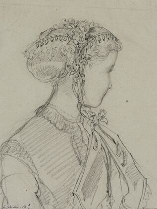 Tête féminine avec coiffe fleurie nouée sous le menton (1867)