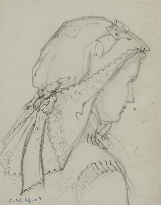 Tête féminine de dos avec coiffe de dentelle nouée sur la nuque (1872)