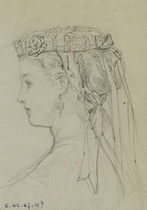 Tête féminine de profil avec toque à fleurs et rubans noués derrière (1867)