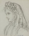 Tête féminine de profil avec voile à volants de dentelle (1864)