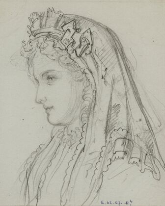 Tête féminine de profil avec voile à volants de dentelle (1864)