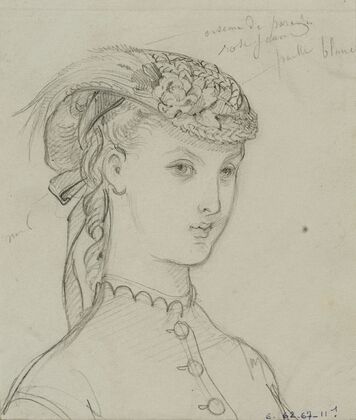 Tête féminine de trois-quart avec coiffe à plumes et fleurs et ruban noué derrière (1866-1867)