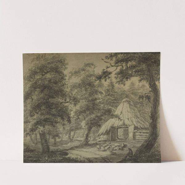 Thatched Hut in Woods with Shepherd and Sheep by Antonie Waterloo