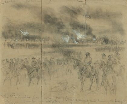 The 3rd Custer div. on the 7th of Octr. retiring and burning the forage Etc. Somewhere near Mt. Jackson